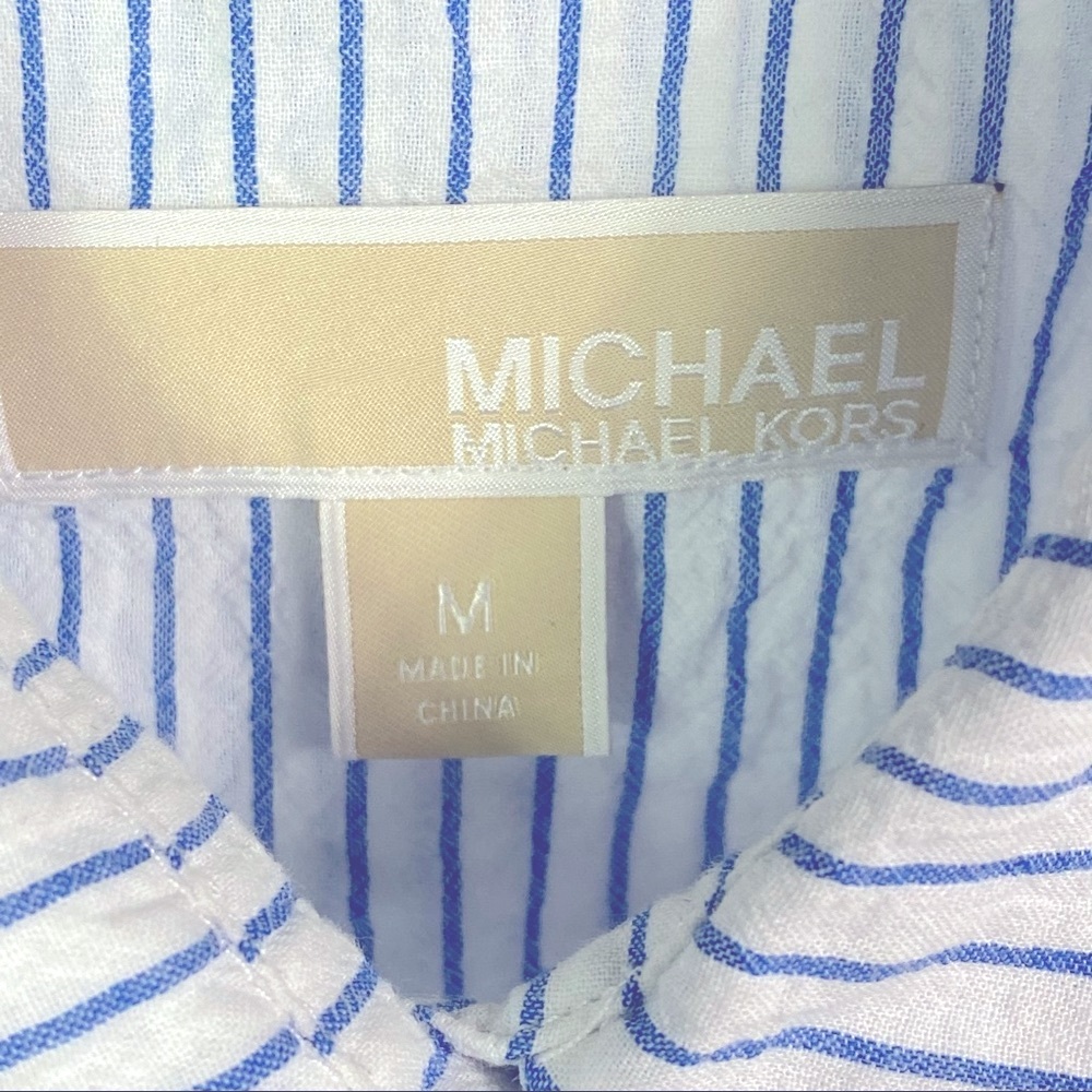 Michael Kors top, blue & white striped, seersucker vibe, sleeveless, tie front - Picture 8 of 8